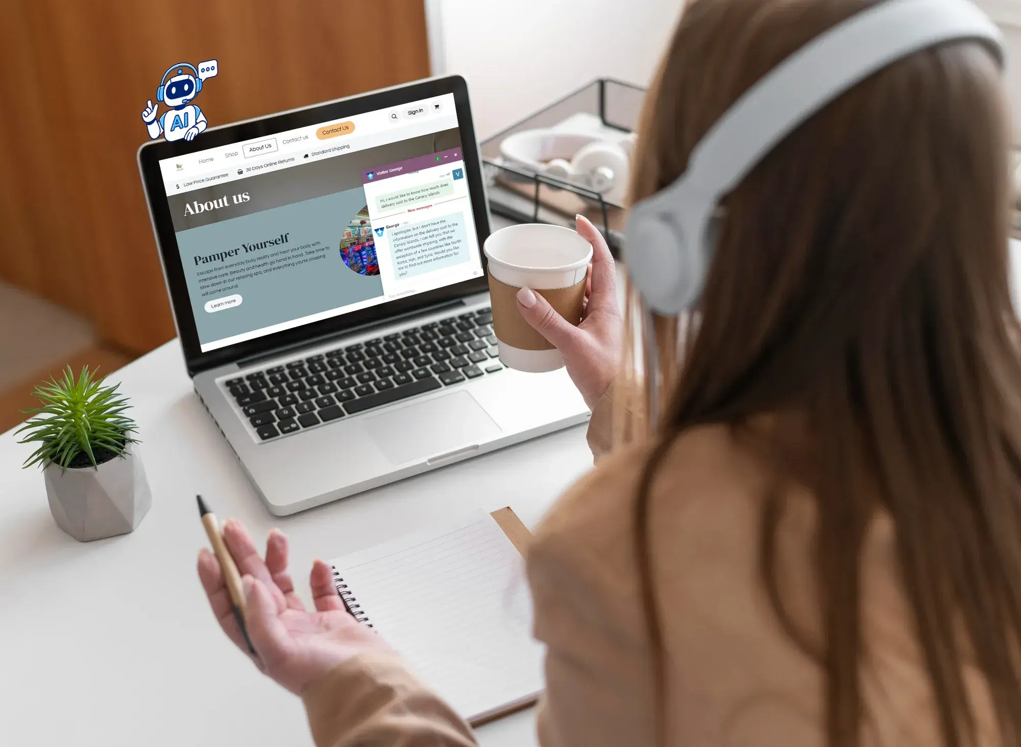 A woman using the chat feature with an AI agent on her computer