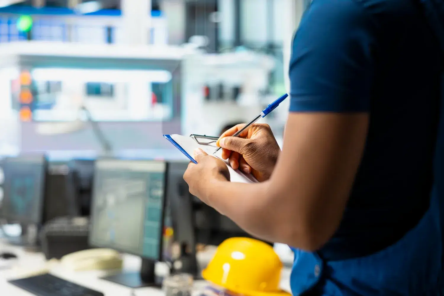 A person writing down information in a notebook, with a row of computers visible in the background