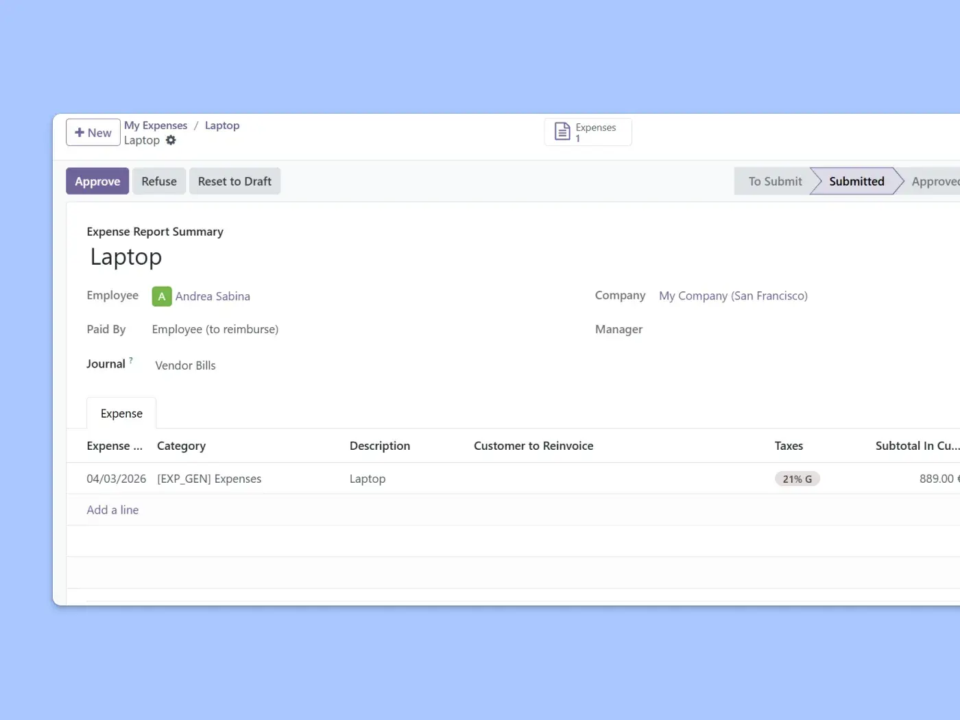 Screen displaying a report on a specific expense related to a laptop purchased by an employee