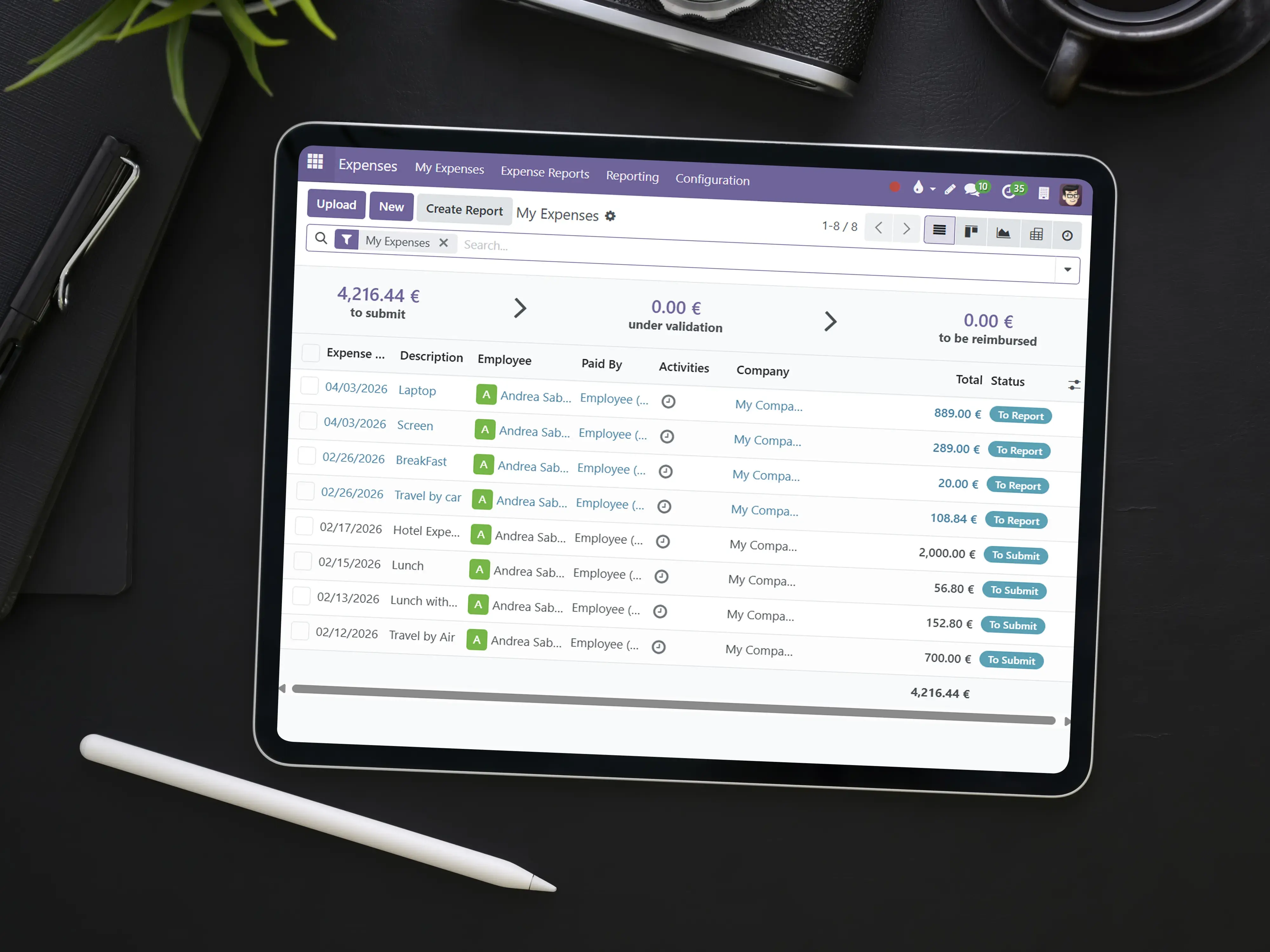 Main screen of the Expenses app, displaying an expense report; each expense can be submitted, approved, or reimbursed, and the expense description is shown in different columns