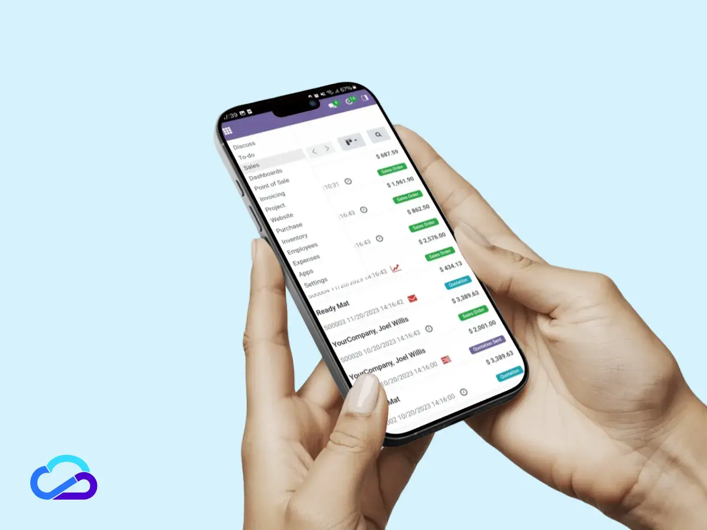 A mobile app where we can see the Odoo system