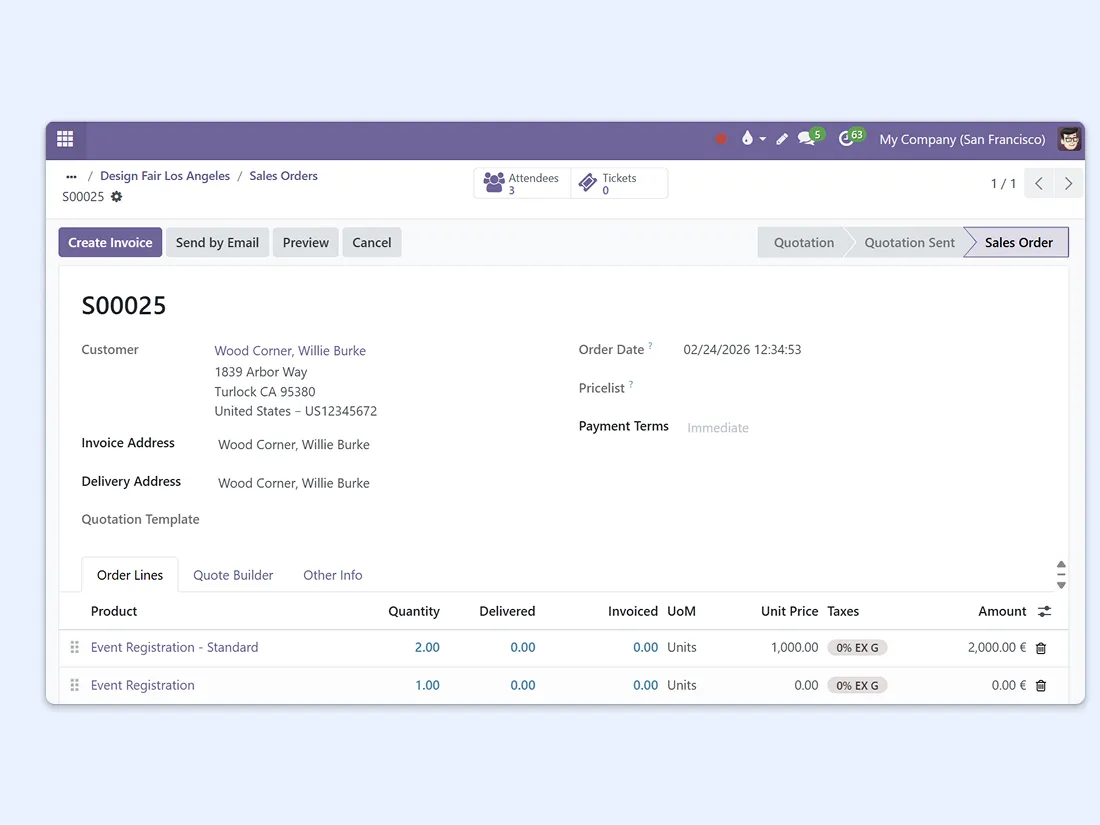 Screen for configuring the event, such as revenue and registration details 