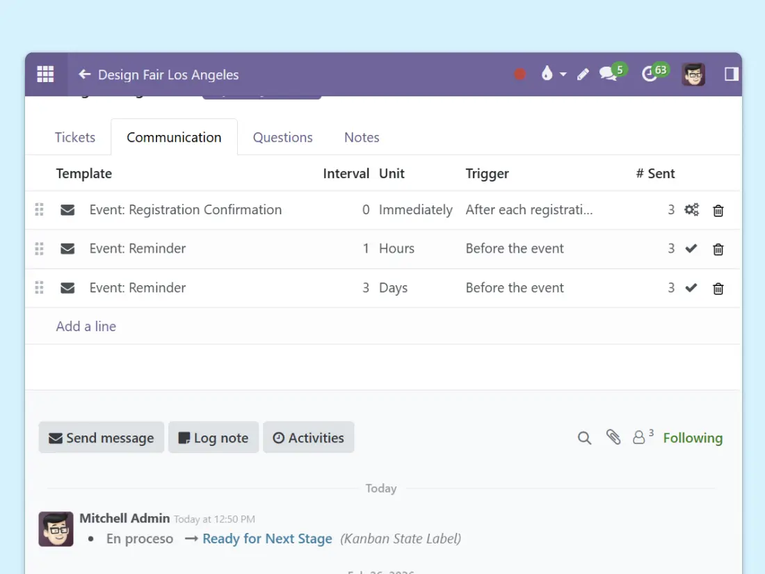 Screenshot showing the communication flow we can set up for each event