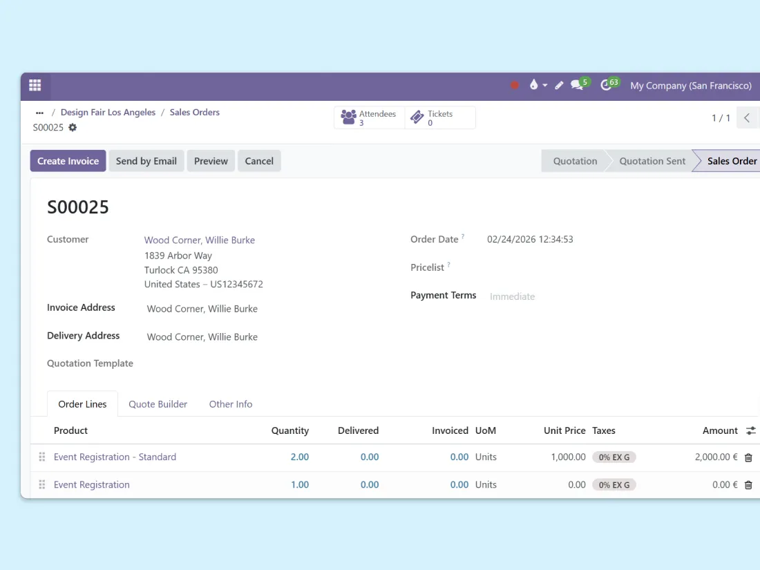 Screenshot showing that events are linked to projects and sales