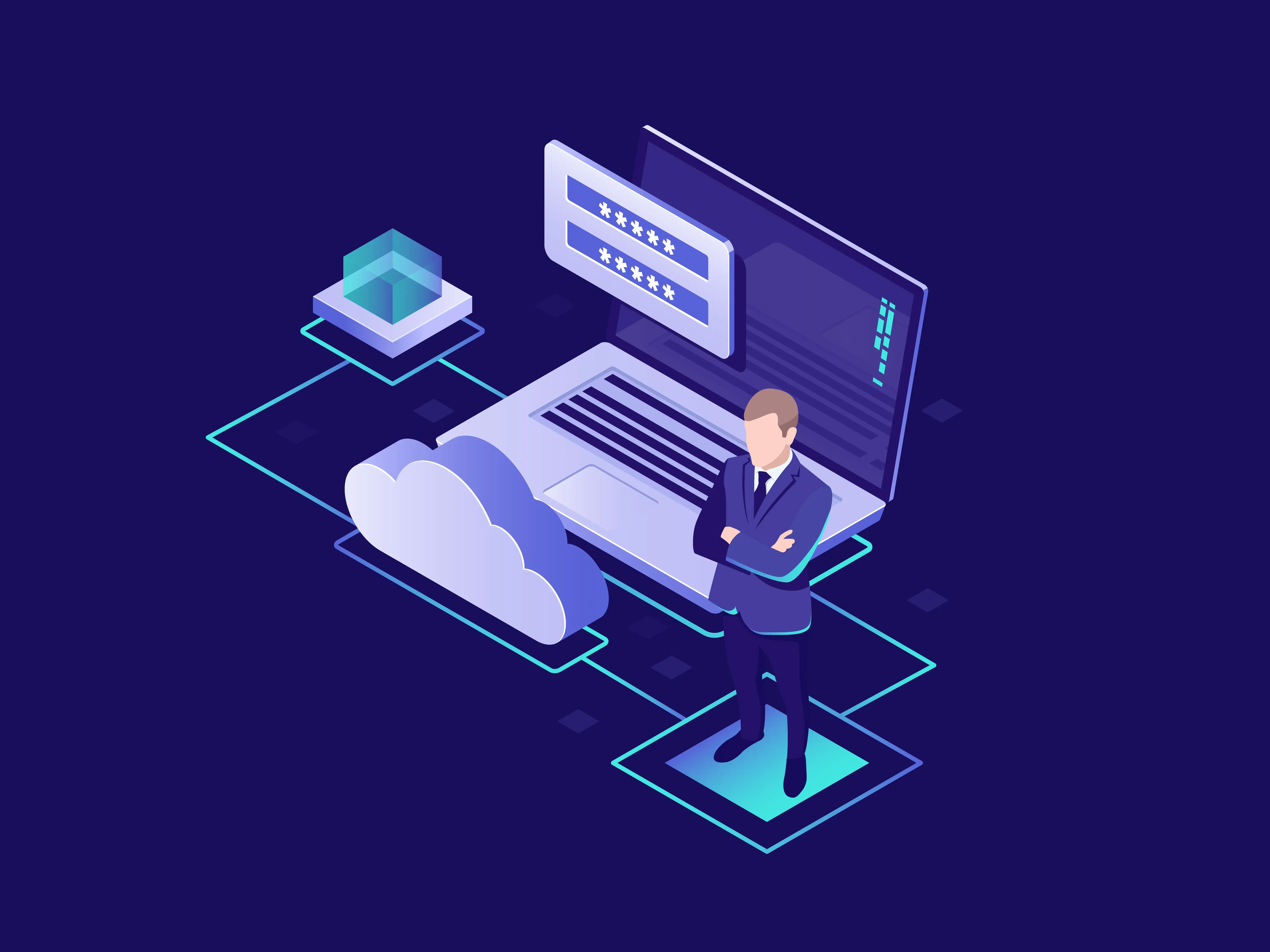 Illustration depicting a man, a computer, and the cloud