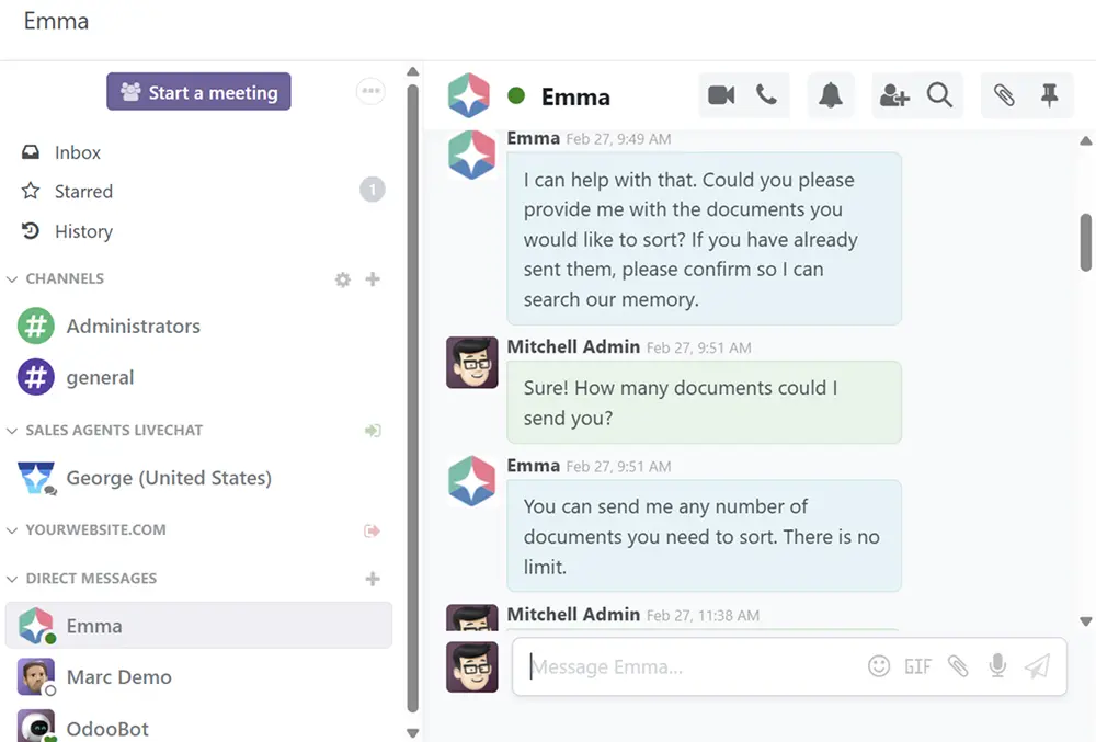 Screenshot showing the chat window with Emma