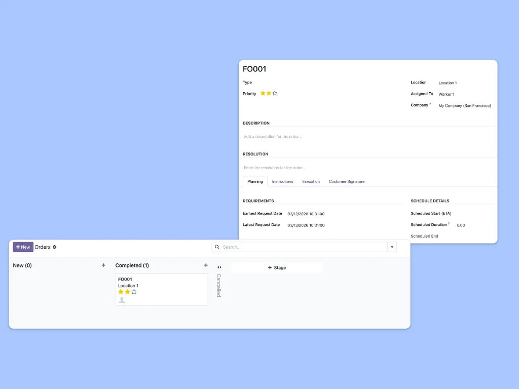 Kanban view of the various orders