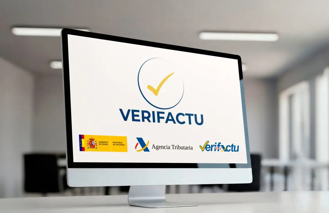 Computer screen in office with Verifactu logo